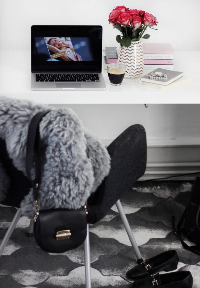 Schreibtisch, Deko, Handtasche, Slipper